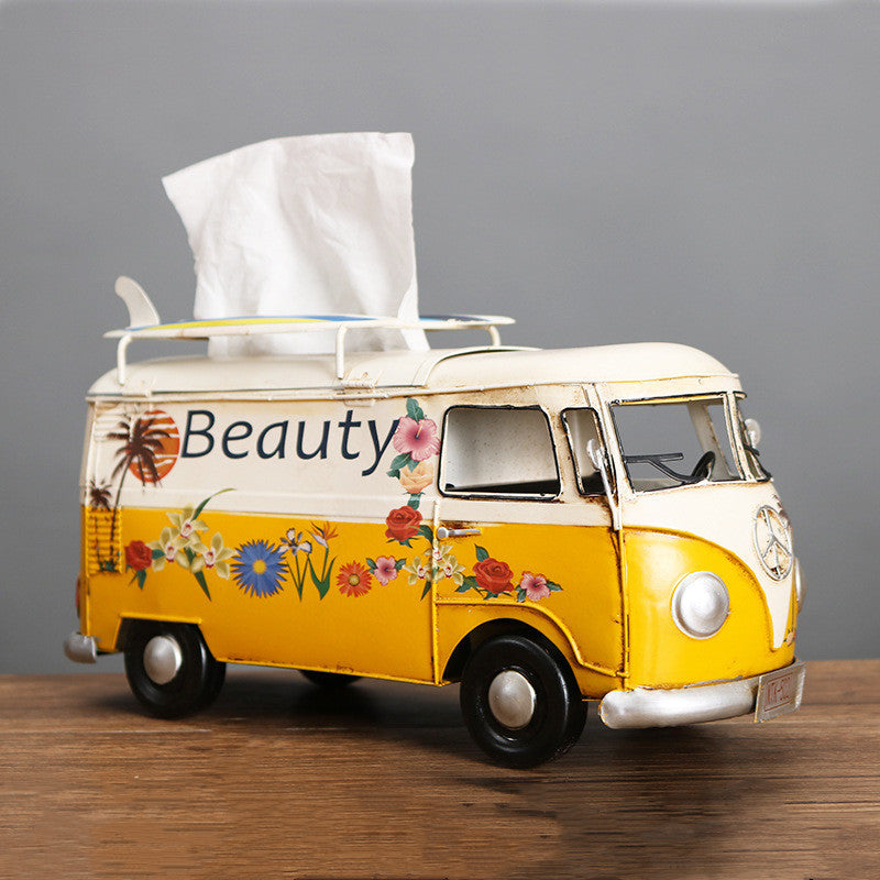 Multicolor Flower Bus Model Figurines Retro Car Tissue Box