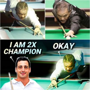 Bold challenge: The young player confidently surpasses the world's No. 1 billiards legend