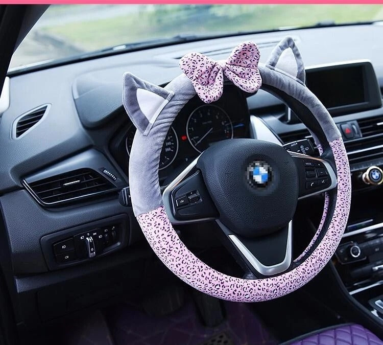 Cute Cat Ear Short Plush Steering Wheel Cover