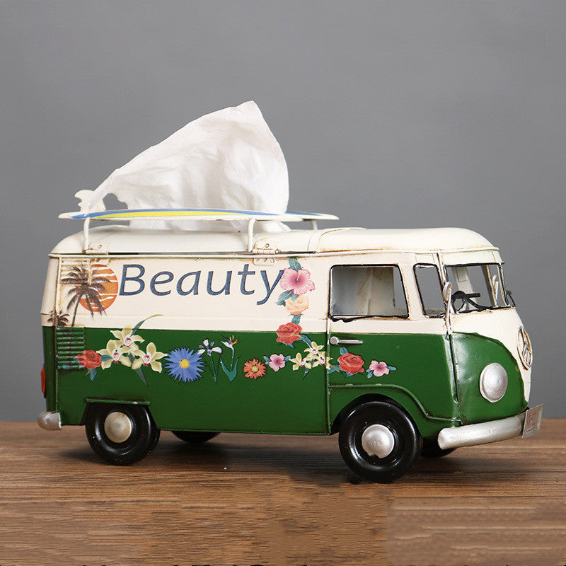 Multicolor Flower Bus Model Figurines Retro Car Tissue Box