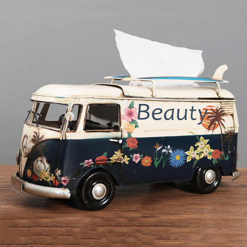 Multicolor Flower Bus Model Figurines Retro Car Tissue Box