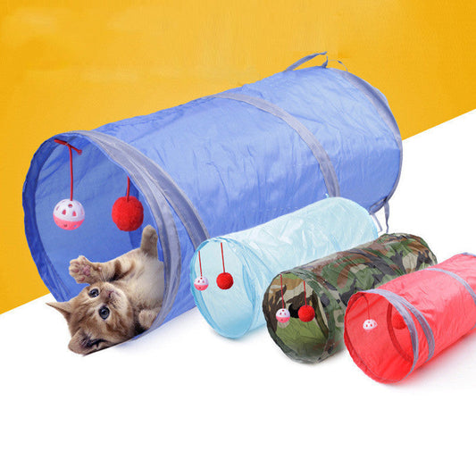 Foldable Cat Channel Toy with Hanging Balls for Entertainment