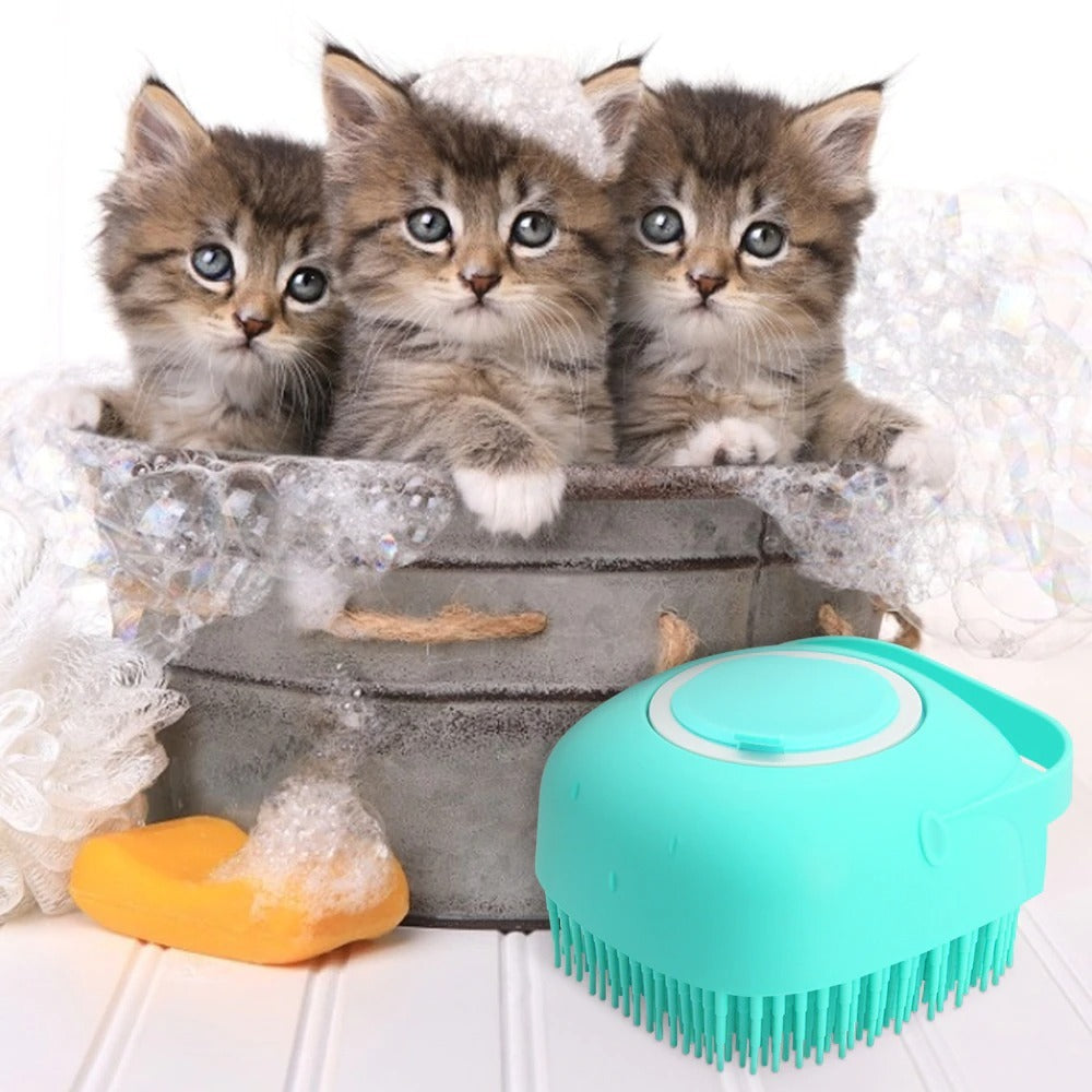 Pet enjoying a bath with massager brush