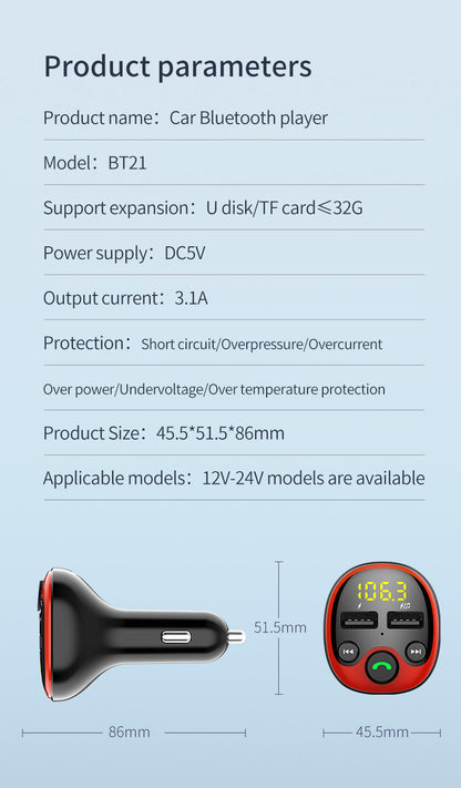 High-Speed Dual USB Car Charger with Bluetooth Music and Hands