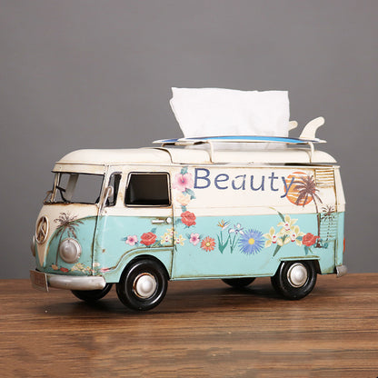 Multicolor Flower Bus Model Figurines Retro Car Tissue Box