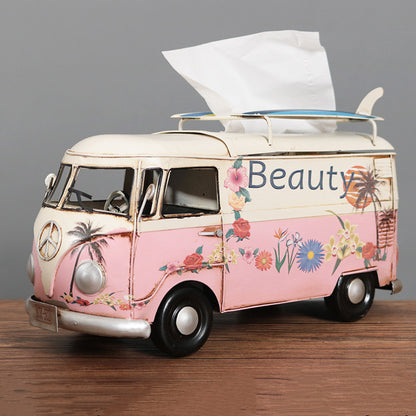 Multicolor Flower Bus Model Figurines Retro Car Tissue Box