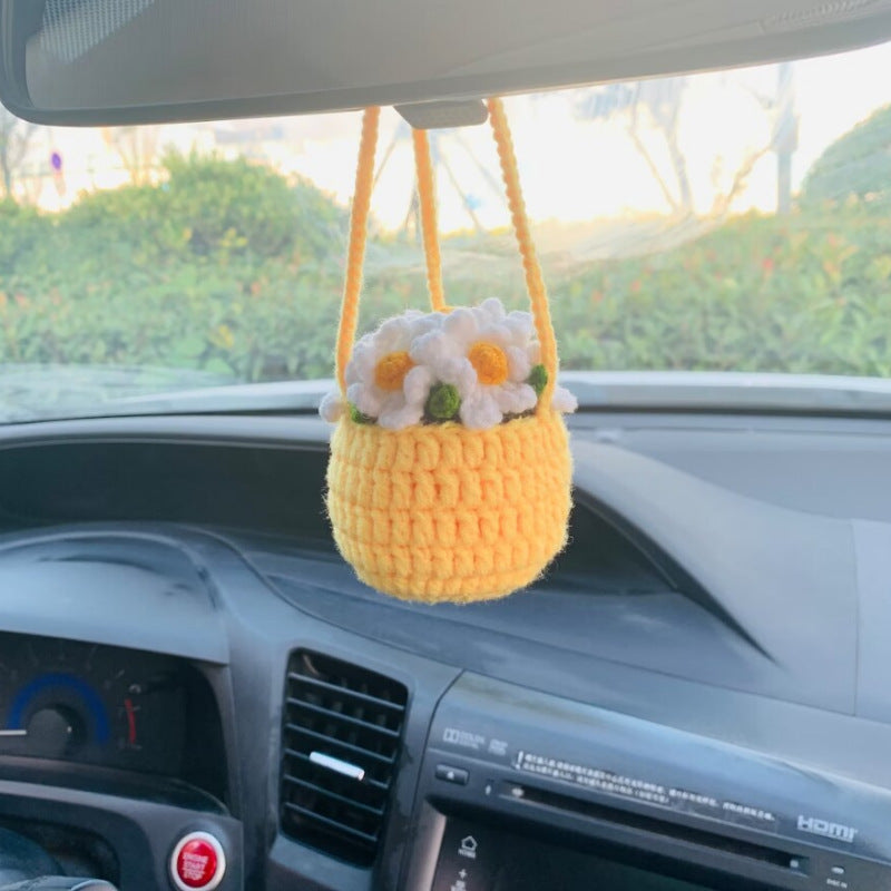 Hand-woven flower car accessories Yellow Basket White Flowers