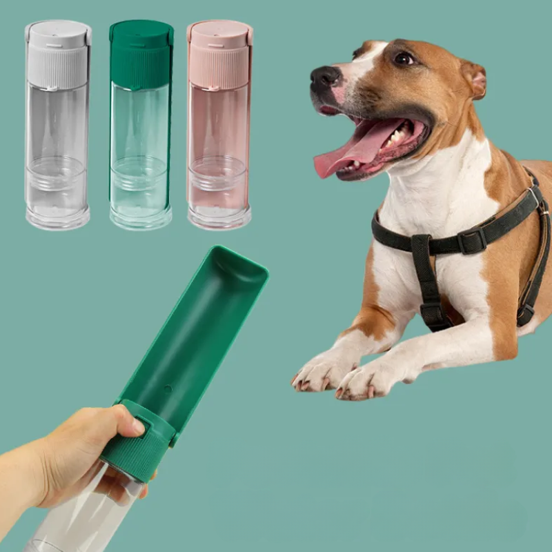 Compact pet water bottle with bowl attached.