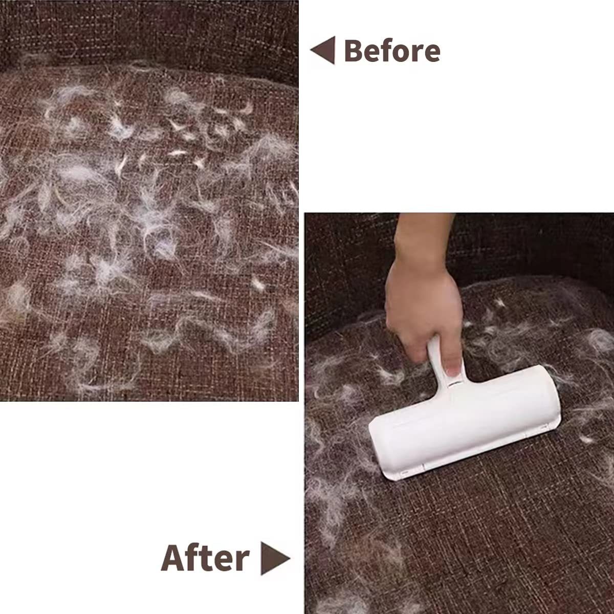 Dual-sided lint roller in action on a sofa