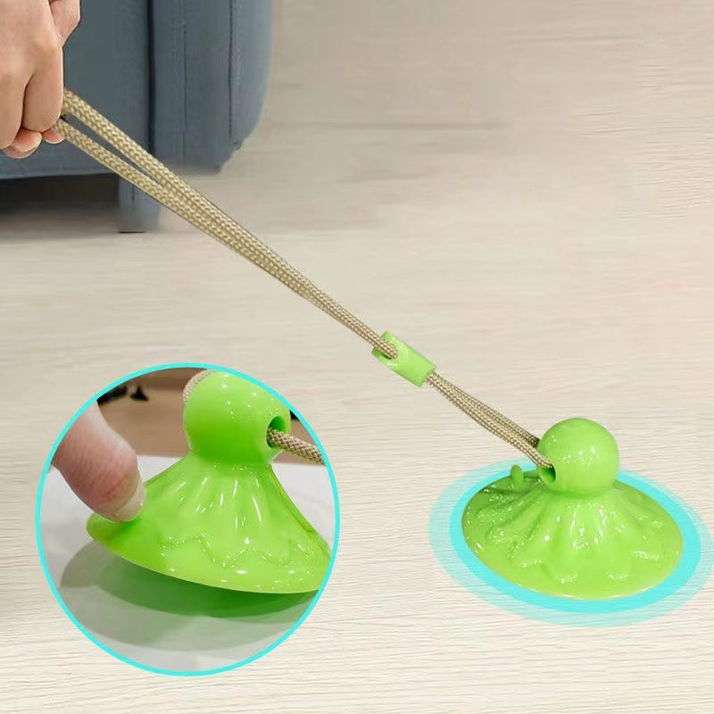 Suction cup dog toy for interactive tug-of-war.