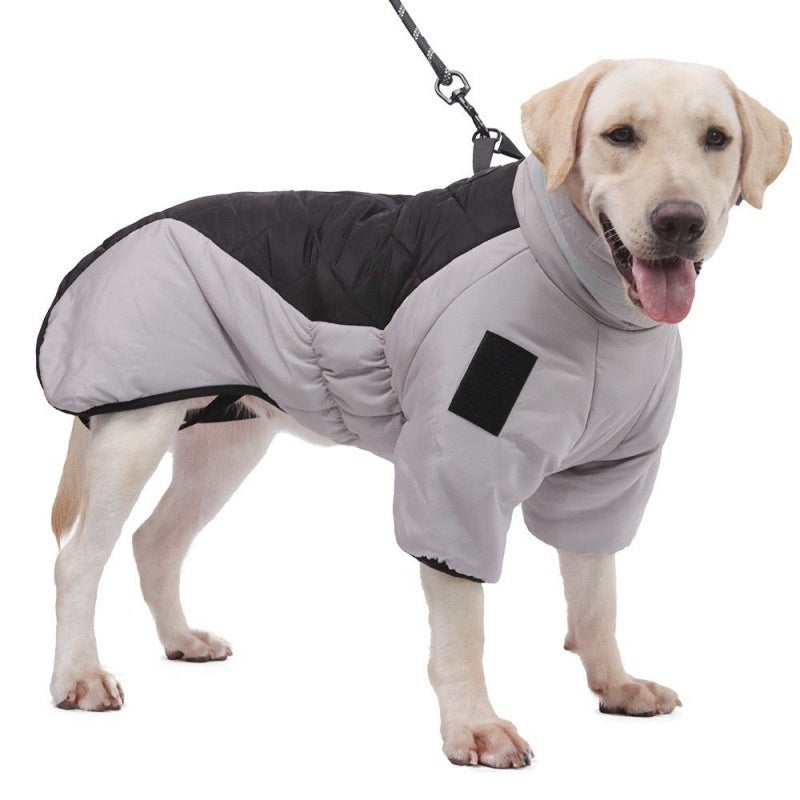 Cozy pet coat with thickened filling for winter warmth.