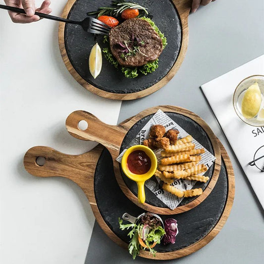 The Black Wood Pizza Plate crafted from high-quality Acacia wood and stone