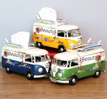 Multicolor Flower Bus Model Figurines Retro Car Tissue Box