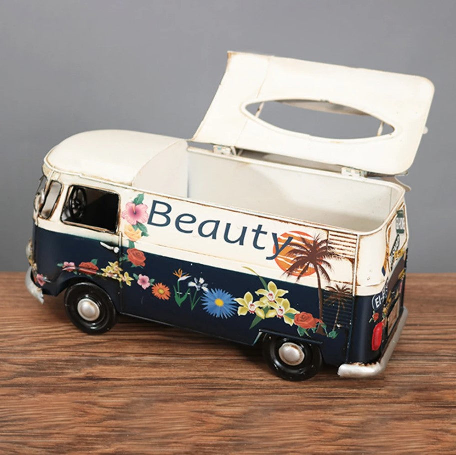 Multicolor Flower Bus Model Figurines Retro Car Tissue Box