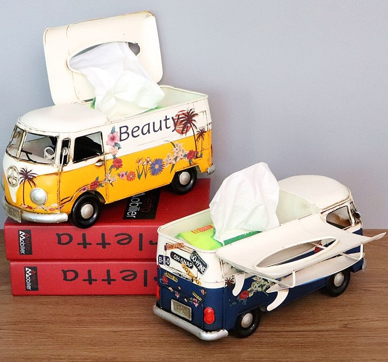 Multicolor Flower Bus Model Figurines Retro Car Tissue Box