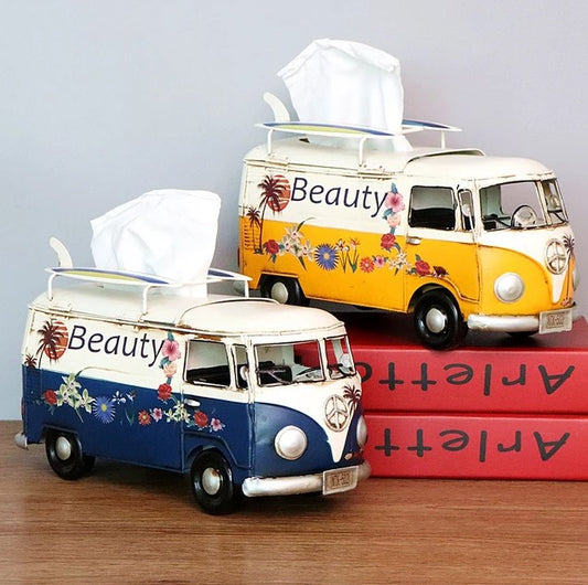 Multicolor Flower Bus Model Figurines Retro Car Tissue Box