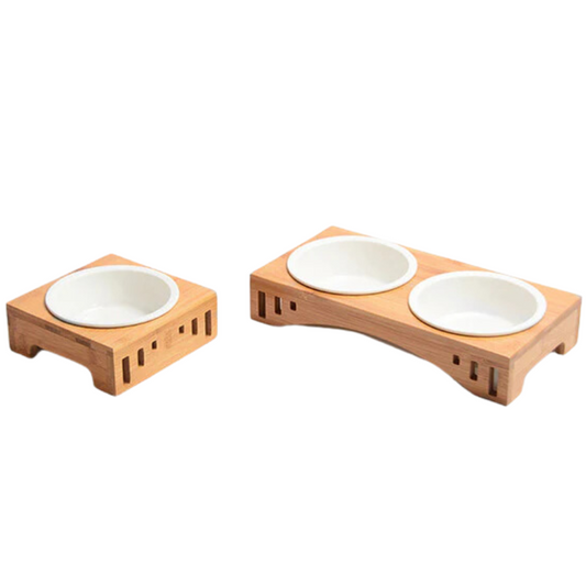 Meow Xianer Wooden Cat Dining Table with Bamboo Pet Bowl