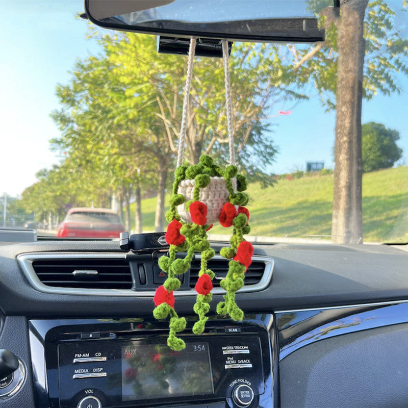 Hand-woven flower car accessories white red
