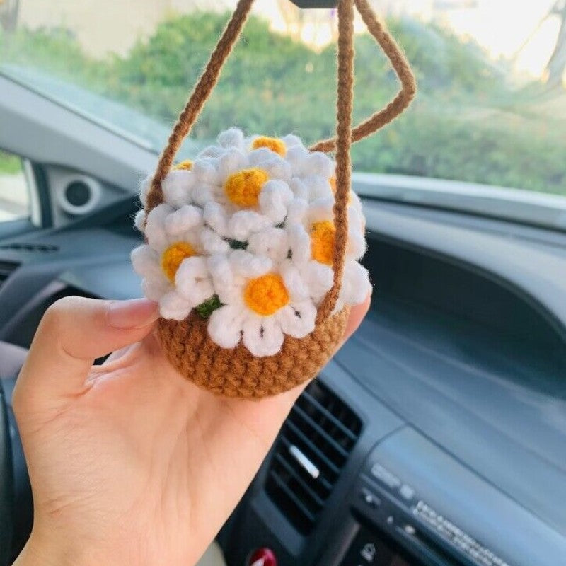 Hand-woven flower car accessories Khaki Basket White Flowers