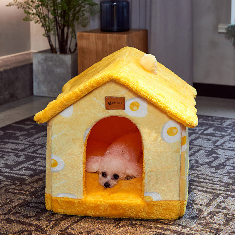 Bright yellow omelette pet bed, warm and cute