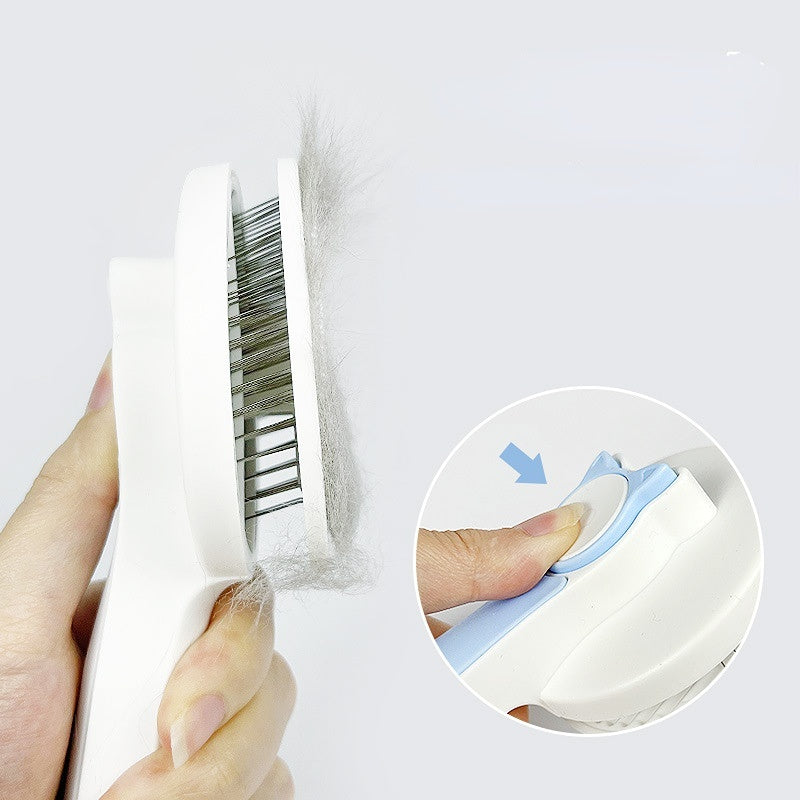 Pet grooming brush with easy-clean button