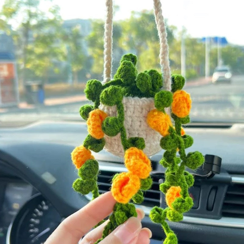 Hand-woven flower car accessories white orange