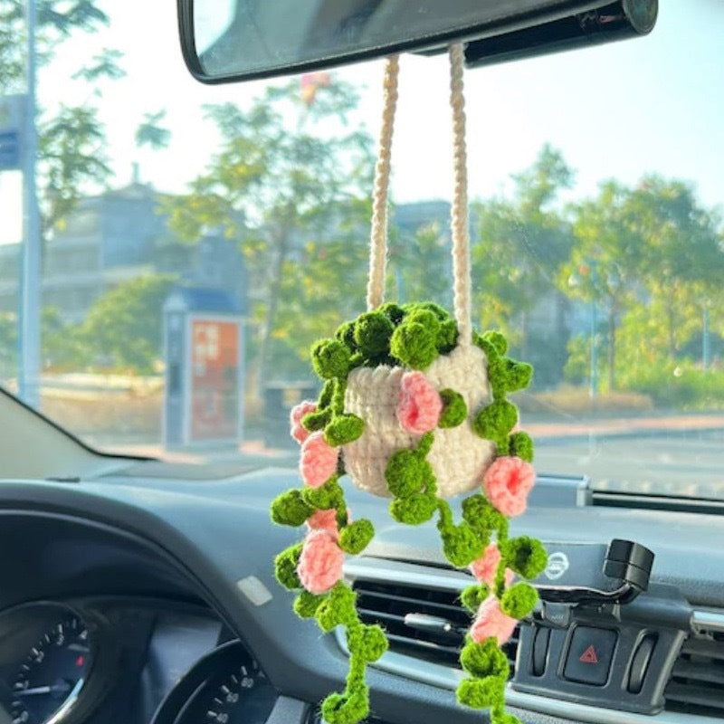 Hand-woven flower car accessories white pink